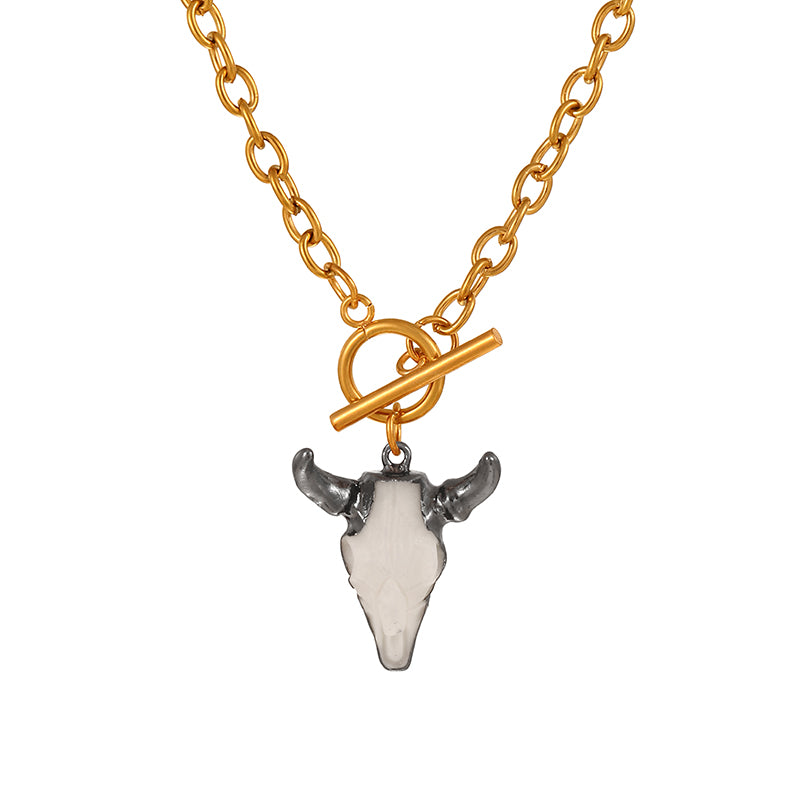 Gold 1 Titanium Steel Bull Head Series Ring Buckle Necklace