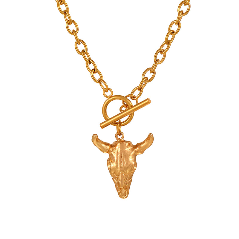 Gold 1 Titanium Steel Bull Head Series Ring Buckle Necklace