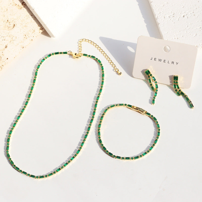 Three-piece Set Square Zirconia Necklace Bracelet Earring Set