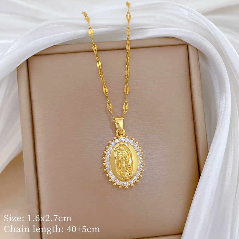 Gold Stainless Steel Diamond Portrait Necklace