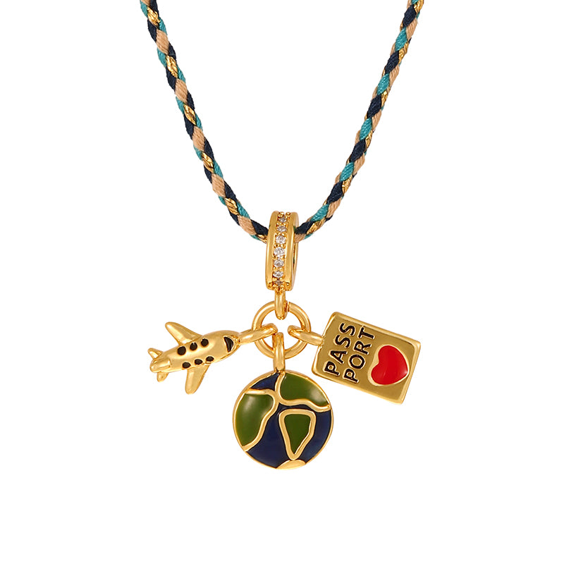 Blue 2 Copper Inlaid Zircon Oil Drip Irregular Pendant Braided Necklace