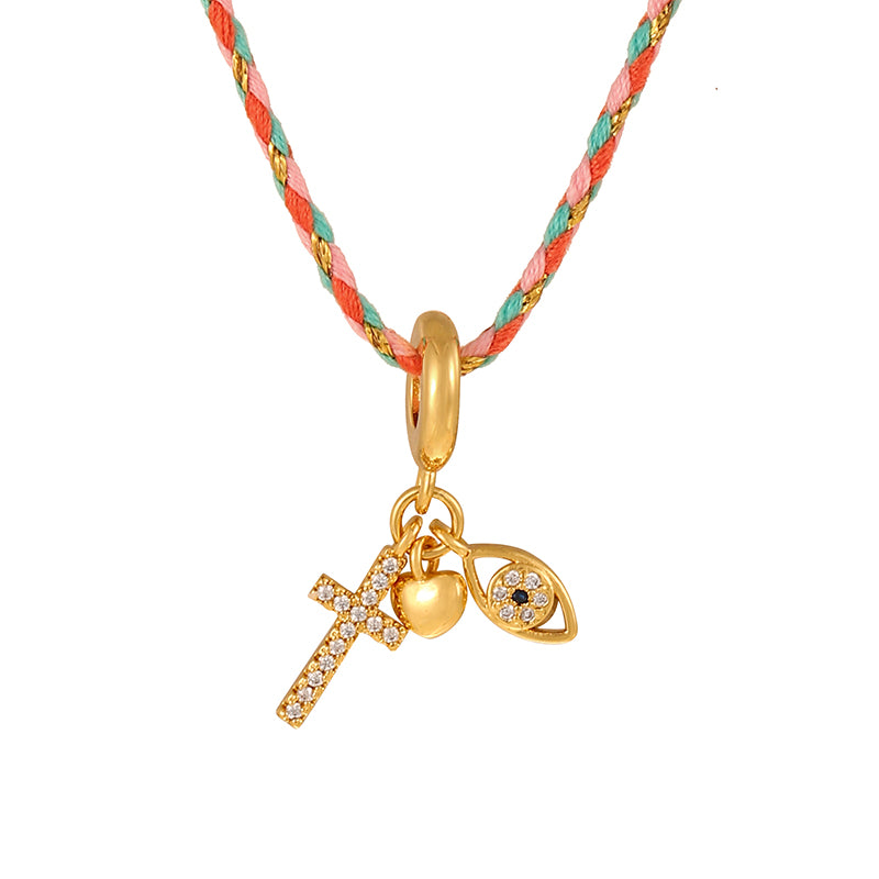 Blue 2 Copper Inlaid Zircon Oil Drip Irregular Pendant Braided Necklace