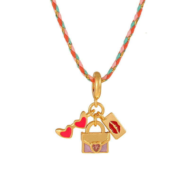 Blue 2 Copper Inlaid Zircon Oil Drip Irregular Pendant Braided Necklace