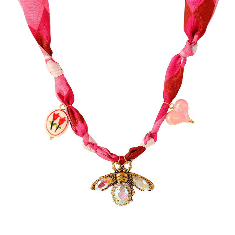 Color 1 Diamond-encrusted Bee Ceramic And Flower-print Fabric Necklace