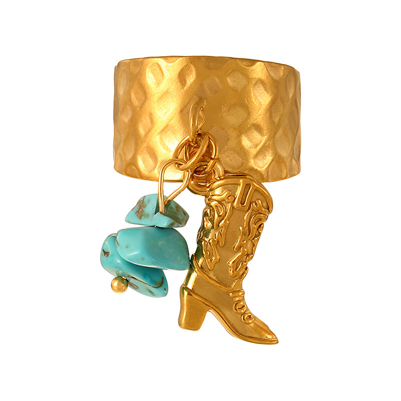 Gold 2 Titanium Steel Turquoise Hat Ring