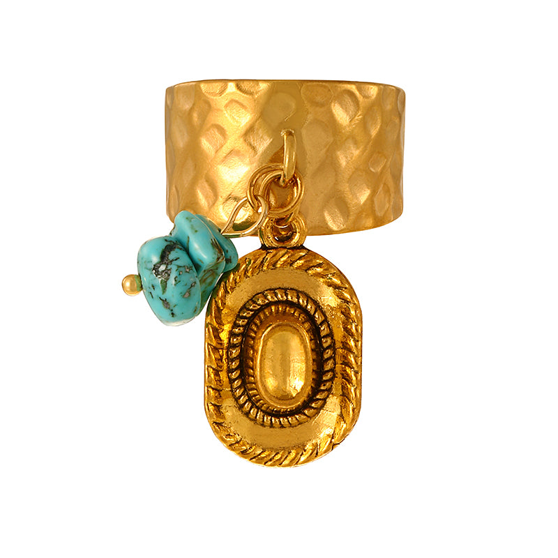 Gold 2 Titanium Steel Turquoise Hat Ring