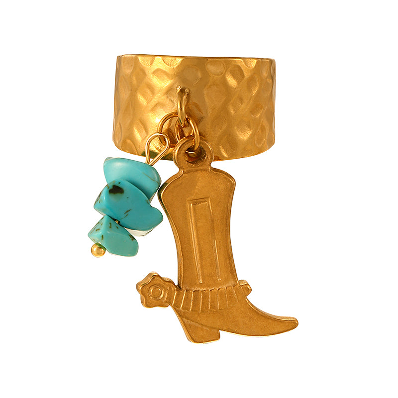 Gold 2 Titanium Steel Turquoise Hat Ring