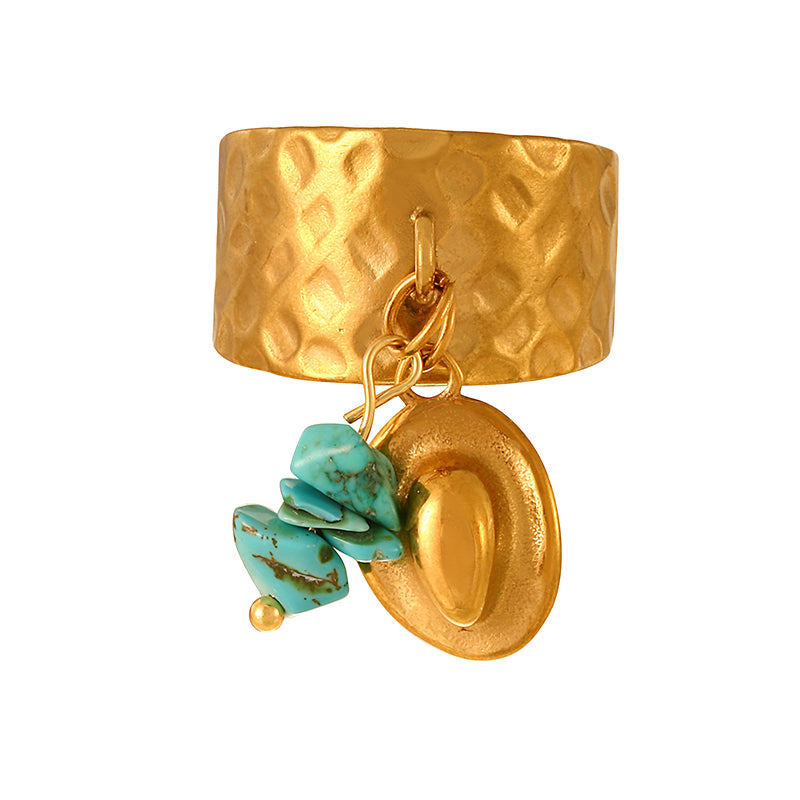 Gold 2 Titanium Steel Turquoise Hat Ring