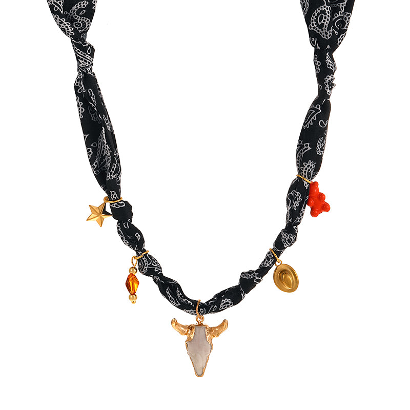 Pickle Green Alloy Oil-drip Western Cowboy Series Printed Fabric Necklace