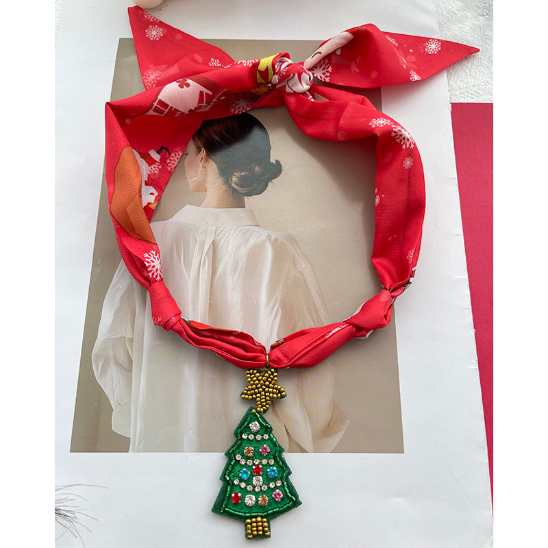 Color 1 Rice Bead Christmas Series Pendant Printed Fabric Necklace