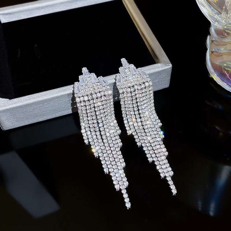 Silver Copper Diamond Claw Chain Earrings