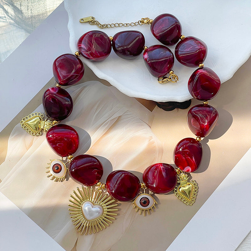 Claret Copper Heart Eyes Resin Beaded Necklace
