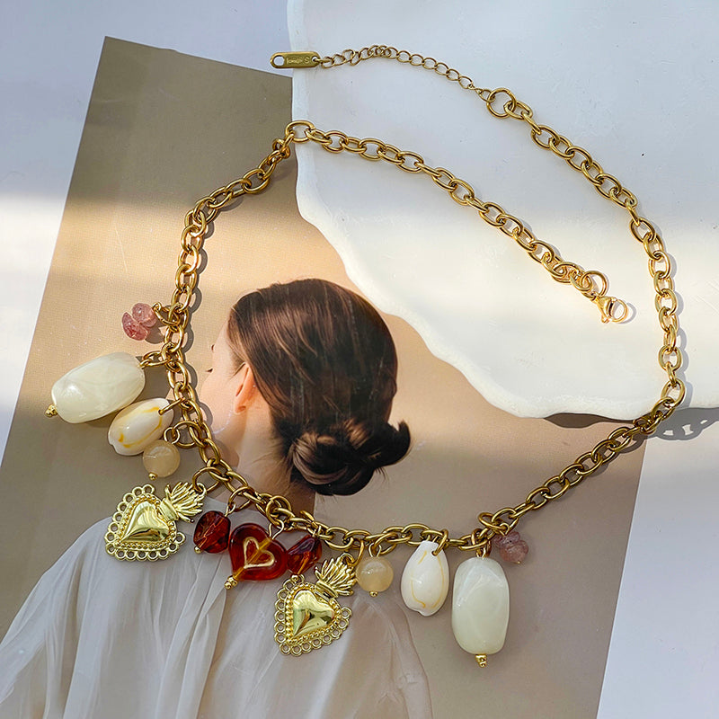 Claret Copper Heart Eyes Resin Beaded Necklace