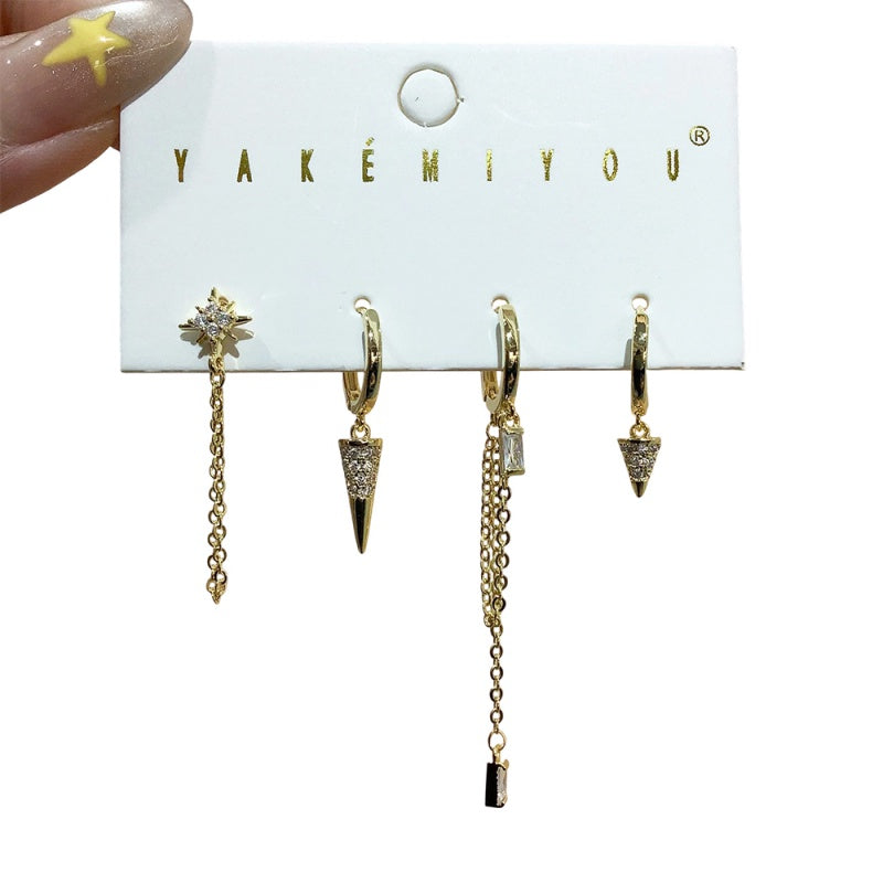 Gold 4-piece Copper-inlaid Zircon Star Chain Earrings