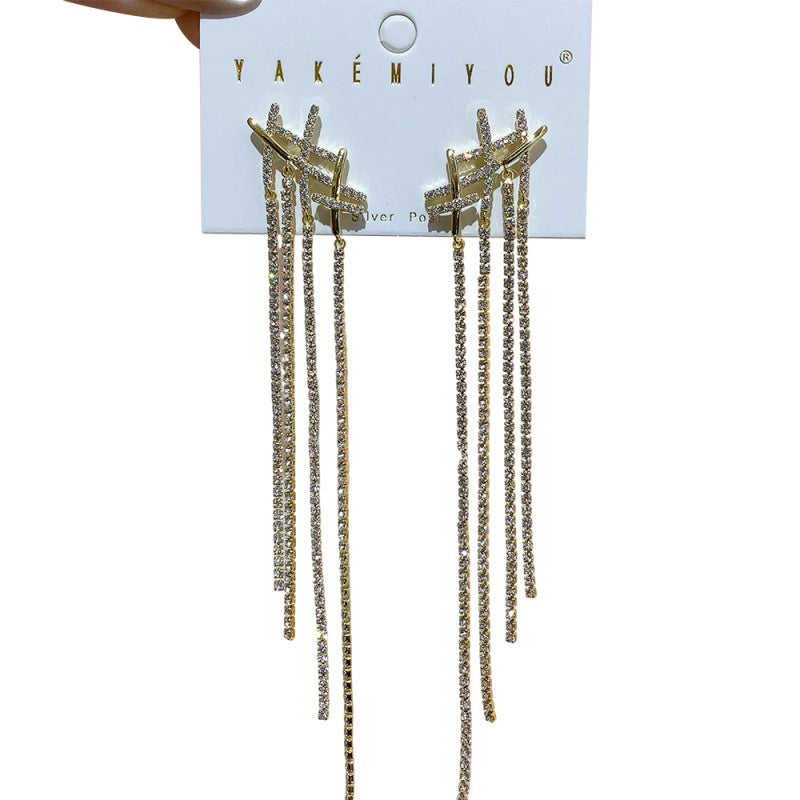 Gold Copper Inlaid Zircon Geometric Tassel Earrings