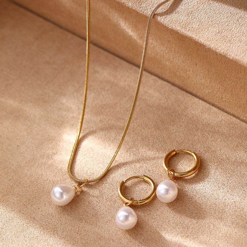 Silver Stainless Steel Pearl Necklace Earring Set