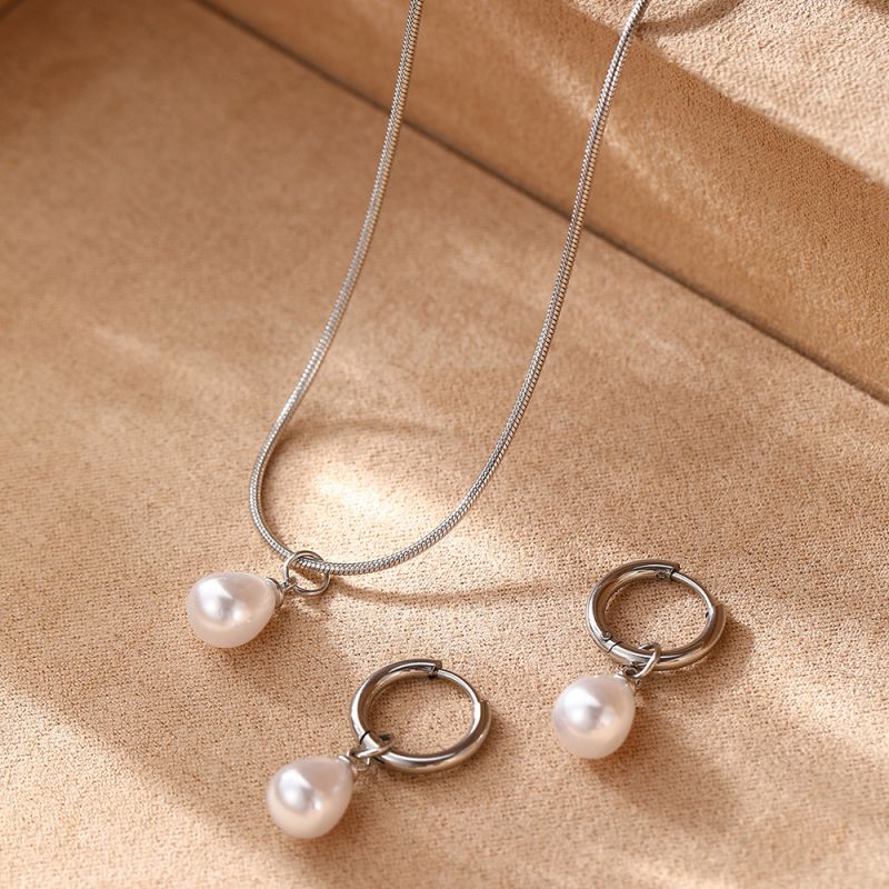 Silver Stainless Steel Pearl Necklace Earring Set