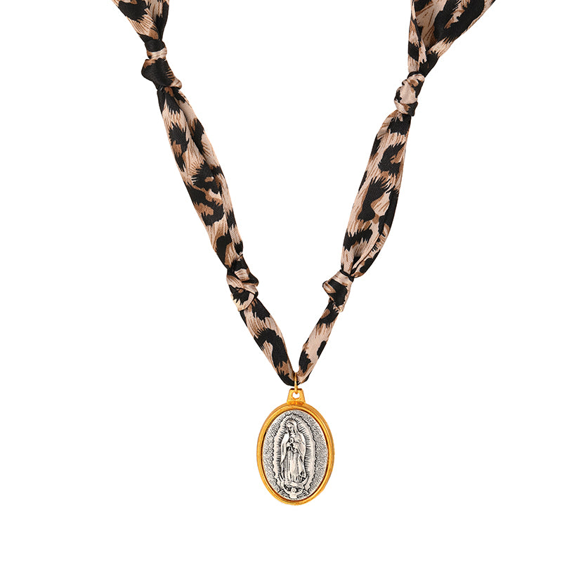 Leopard Print Titanium Steel Color-blocked Oval Portrait Leopard Print Fabric Necklace