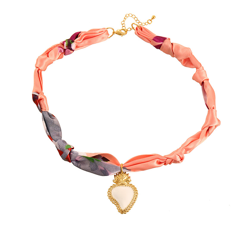 Red Copper Oil Drop Heart Series Printed Fabric Necklace