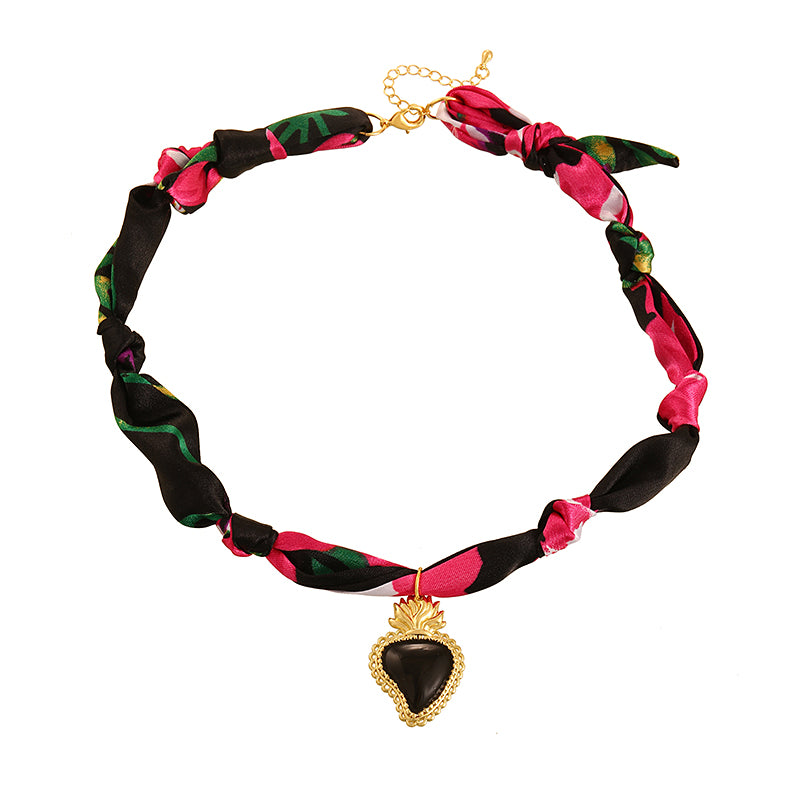 Red Copper Oil Drop Heart Series Printed Fabric Necklace