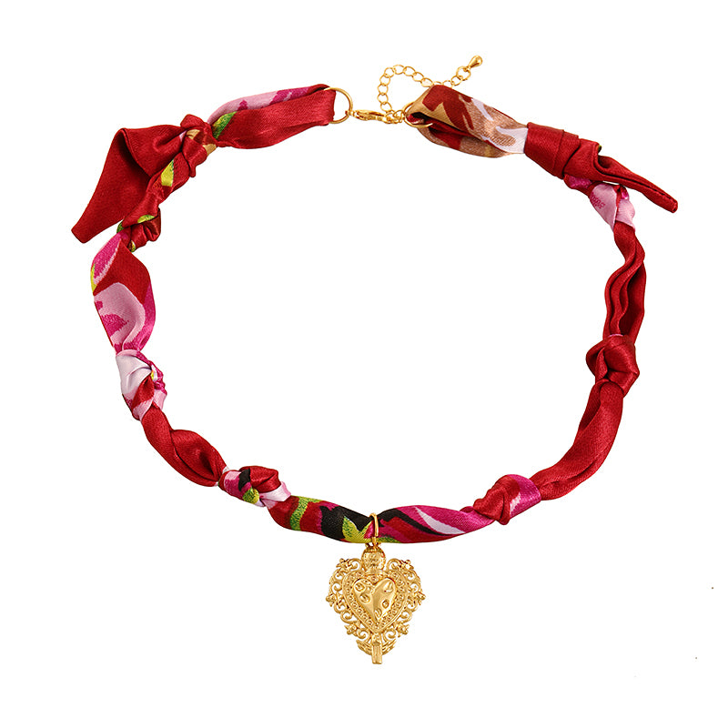 Red Copper Oil Drop Heart Series Printed Fabric Necklace