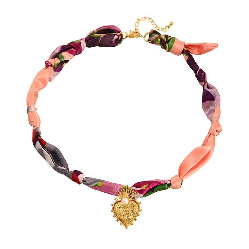 Red Copper Oil Drop Heart Series Printed Fabric Necklace