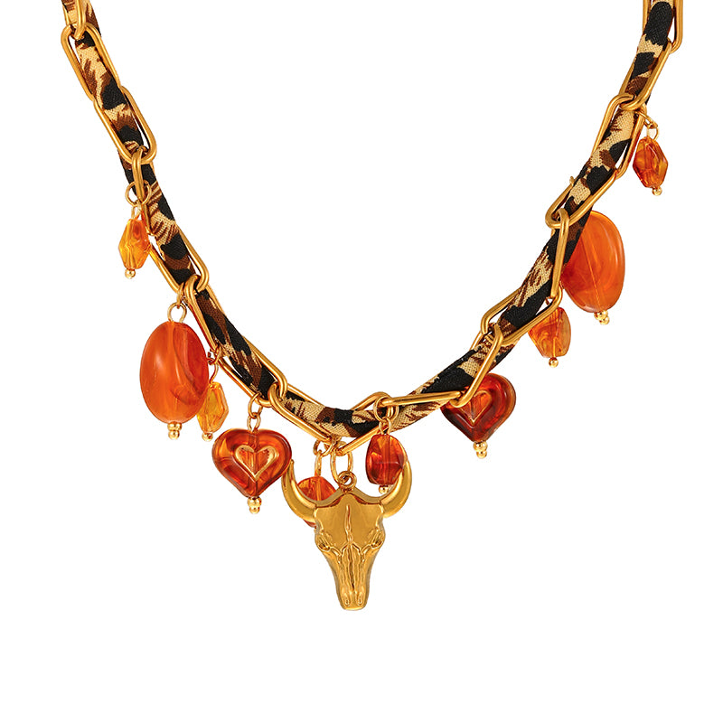 Gold 1 Titanium Steel Heart Tassel Chain Fabric Necklace