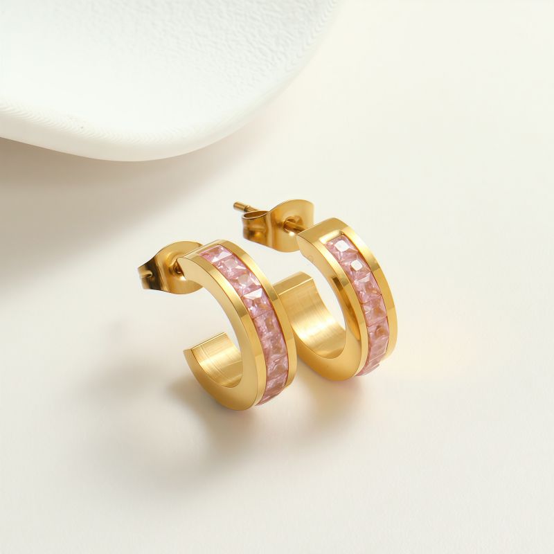 White Diamond Silver Earrings Stainless Steel Diamond-studded C-shaped Earrings