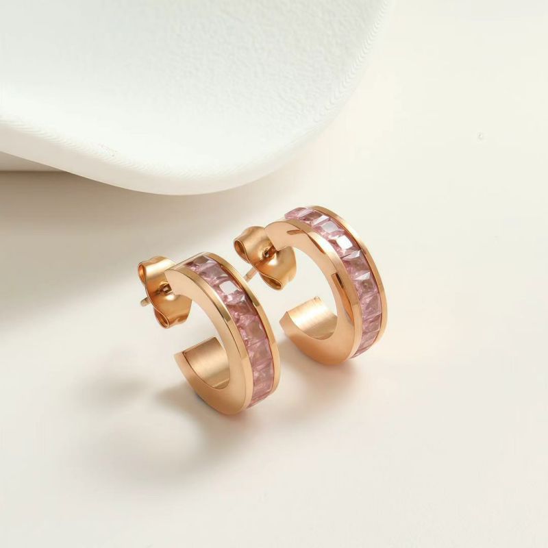 White Diamond Silver Earrings Stainless Steel Diamond-studded C-shaped Earrings