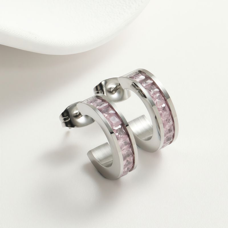 White Diamond Silver Earrings Stainless Steel Diamond-studded C-shaped Earrings