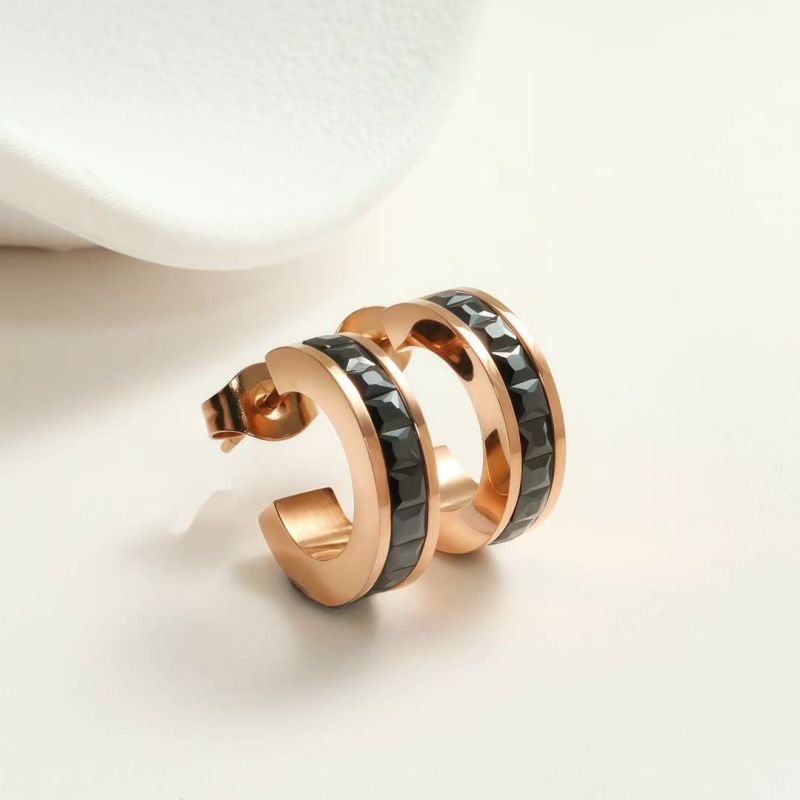 White Diamond Silver Earrings Stainless Steel Diamond-studded C-shaped Earrings