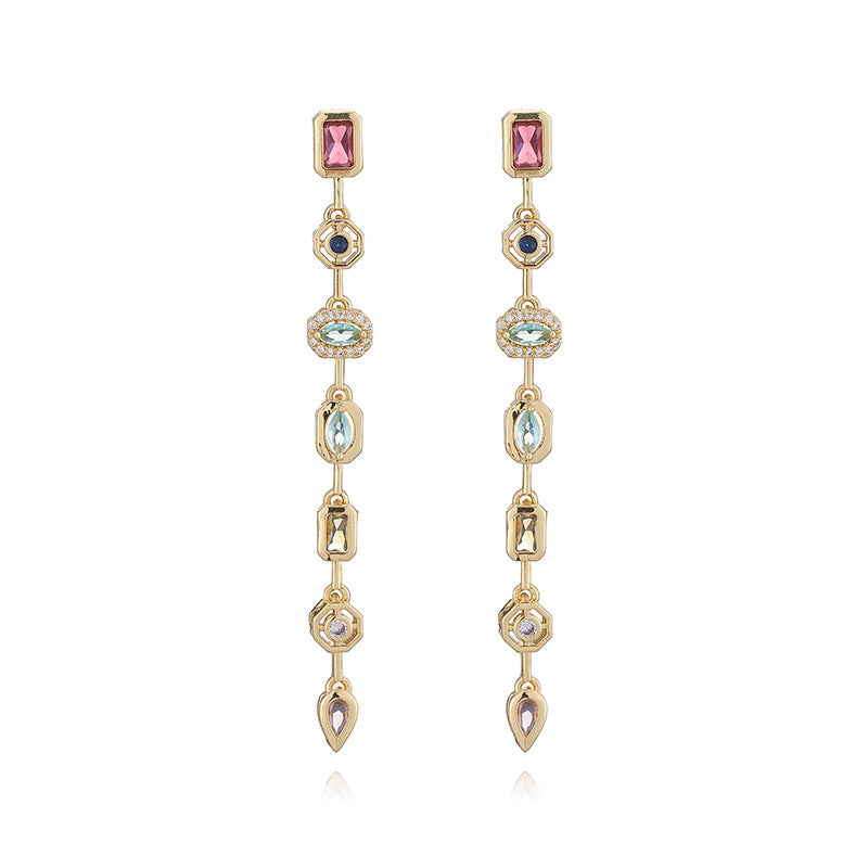 1 Pair Of Gold Colored Diamond Geometric Stitching Earrings Copper Diamond Square Teardrop-shaped Geometric Earrings