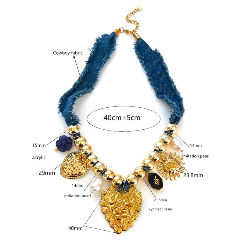Gold Stainless Steel Heart Sun Denim Necklace