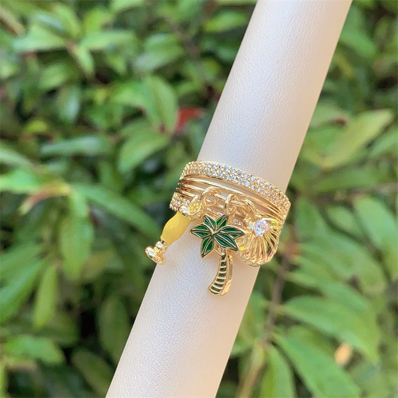 Ring 1# Copper Diamond Shell Coconut Tree Round Ring