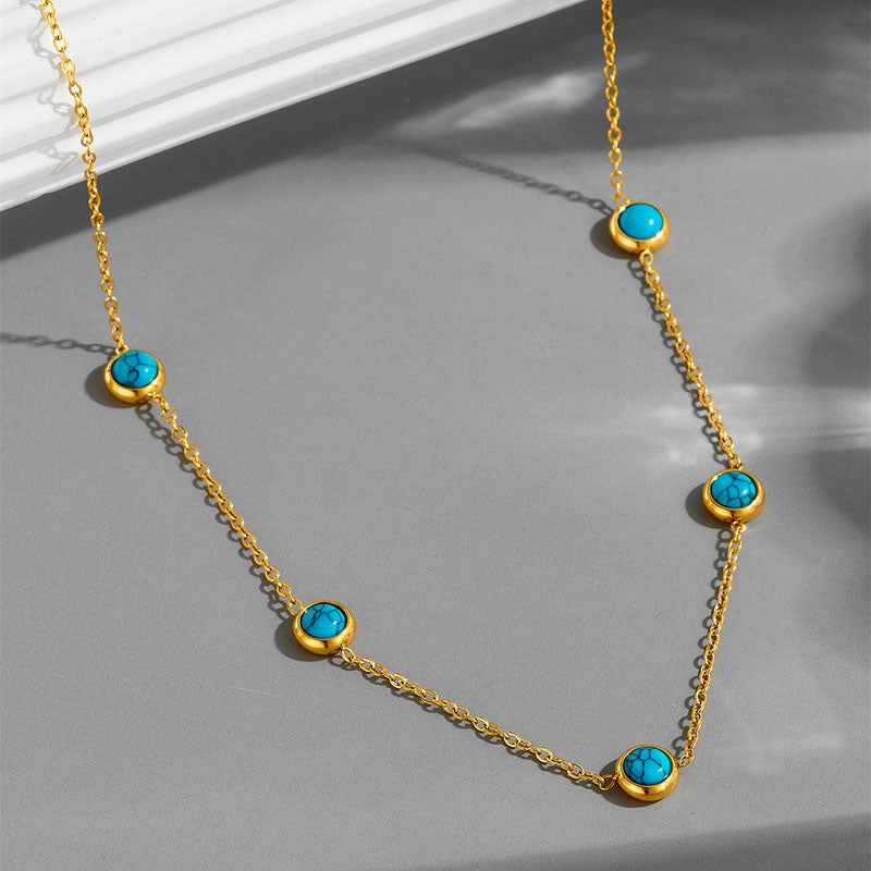 X655 Blue Turquoise Necklace Gold Titanium Steel Round Turquoise Necklace