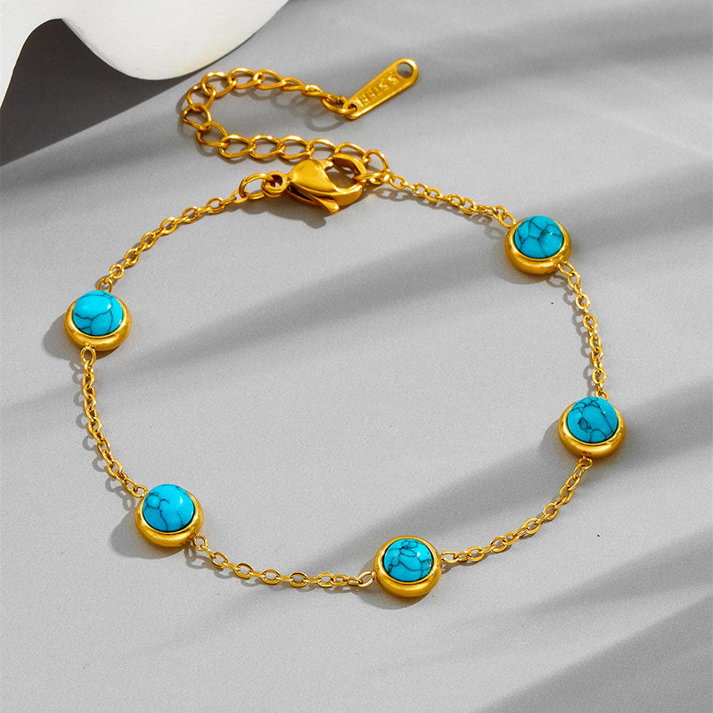 X655 Blue Turquoise Necklace Gold Titanium Steel Round Turquoise Necklace