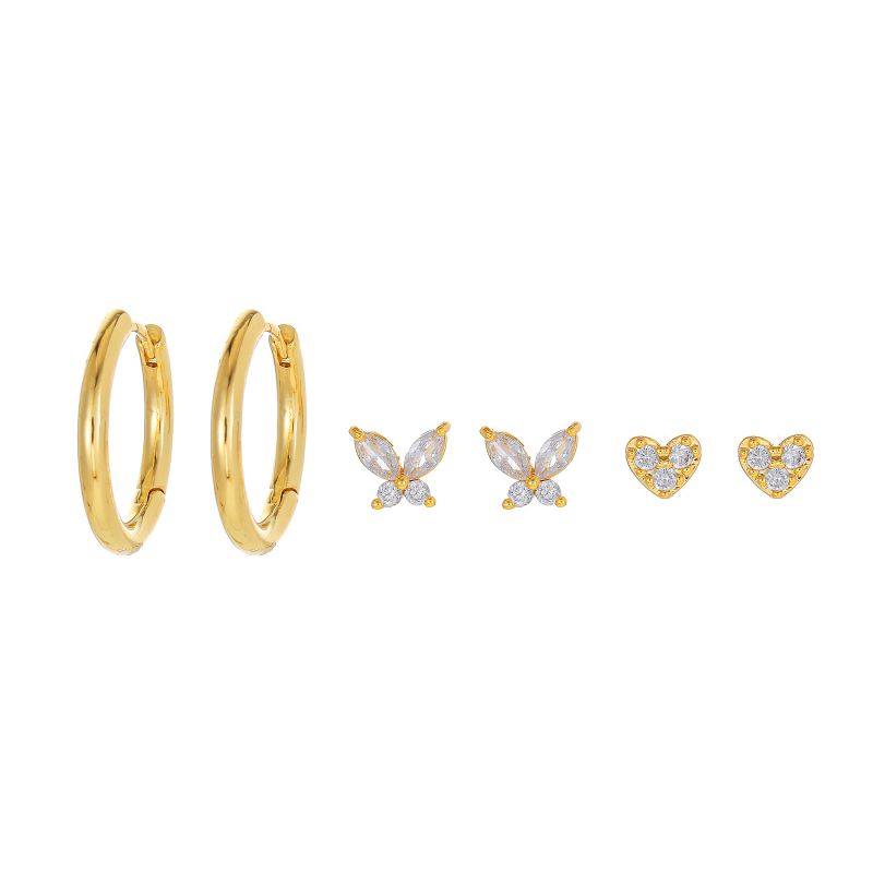 Gold Copper Gold-plated Diamond Heart Butterfly Earring Set