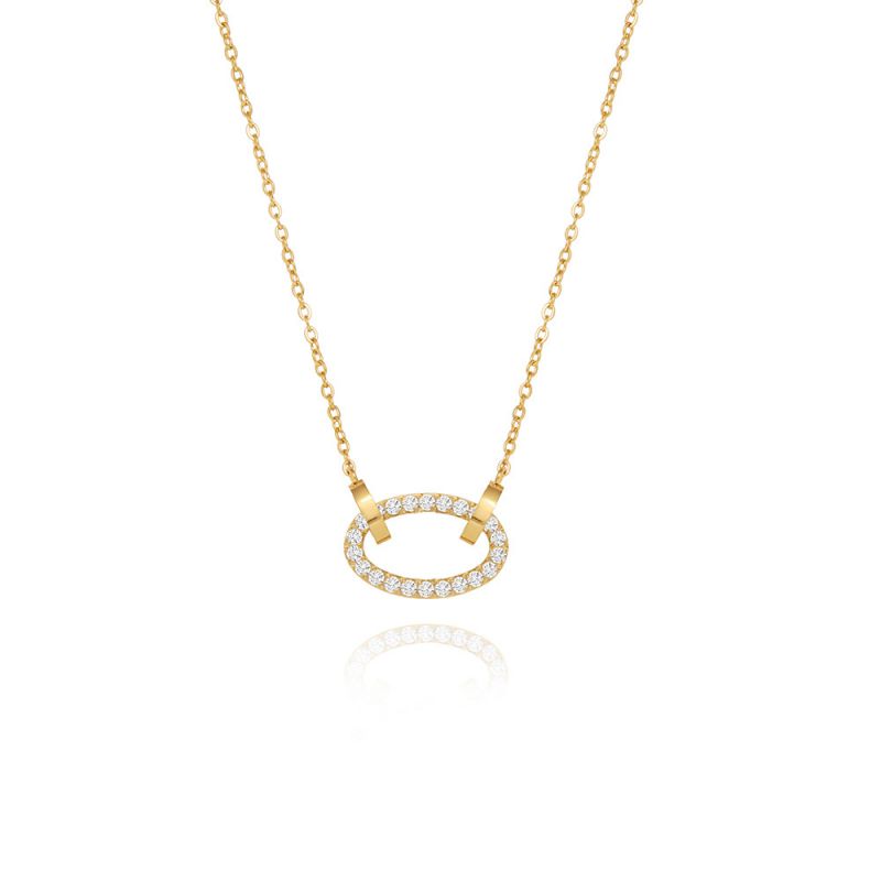 Gold Titanium Steel Oval Necklace With Diamonds