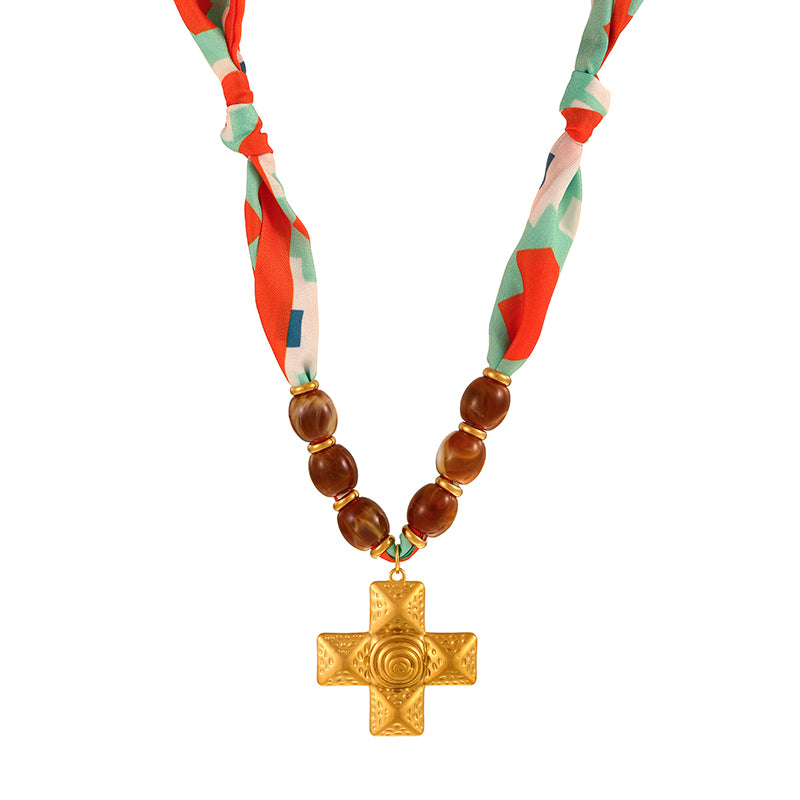 Color 1 Titanium Steel Sun Acrylic Beaded Printed Fabric Necklace