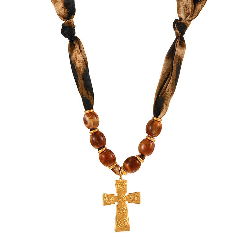 Leopard Print 1 Titanium Steel Cross Acrylic Beaded Leopard Print Fabric Necklace