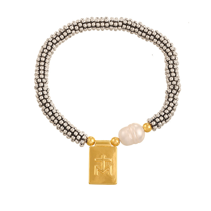 Gold 1 Copper Square Crescent Freshwater Pearl Beaded Bracelet