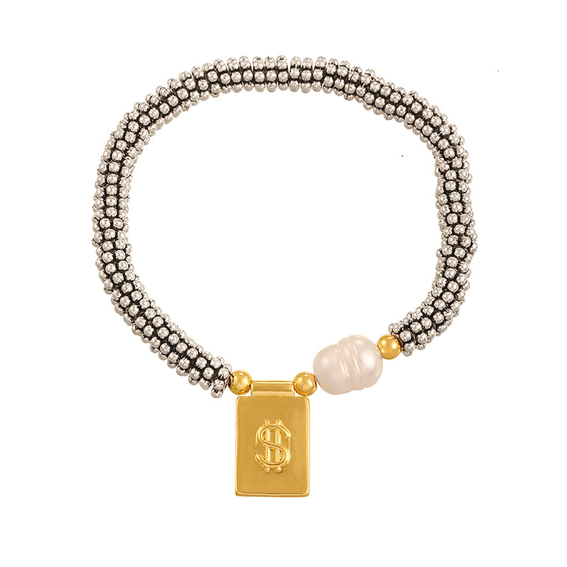 Gold 1 Copper Square Crescent Freshwater Pearl Beaded Bracelet