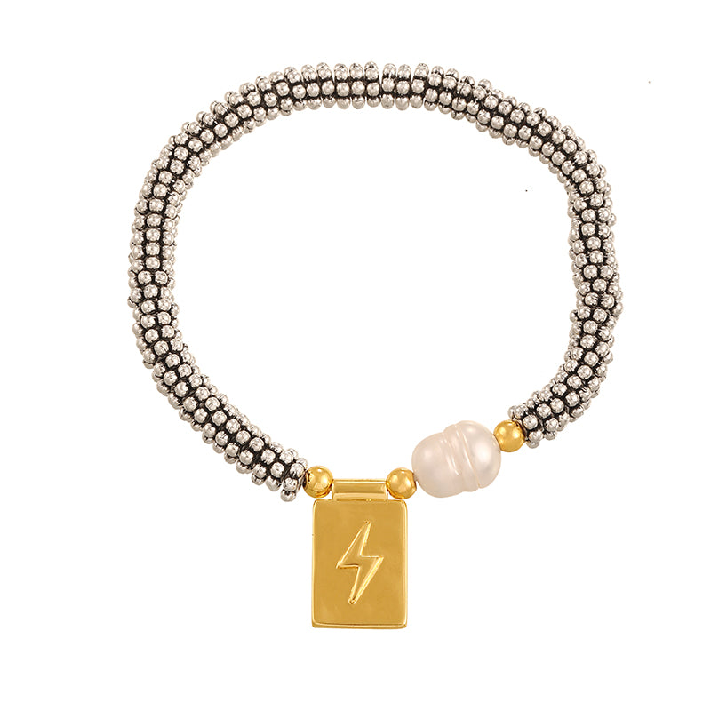 Gold 1 Copper Square Crescent Freshwater Pearl Beaded Bracelet