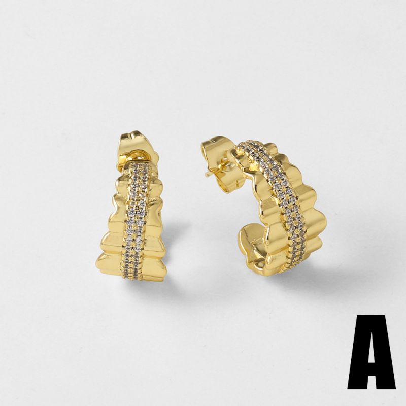 B Copper-gold-plated Diamond C-shaped Earrings