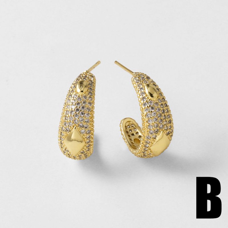 B Copper-gold-plated Diamond C-shaped Earrings