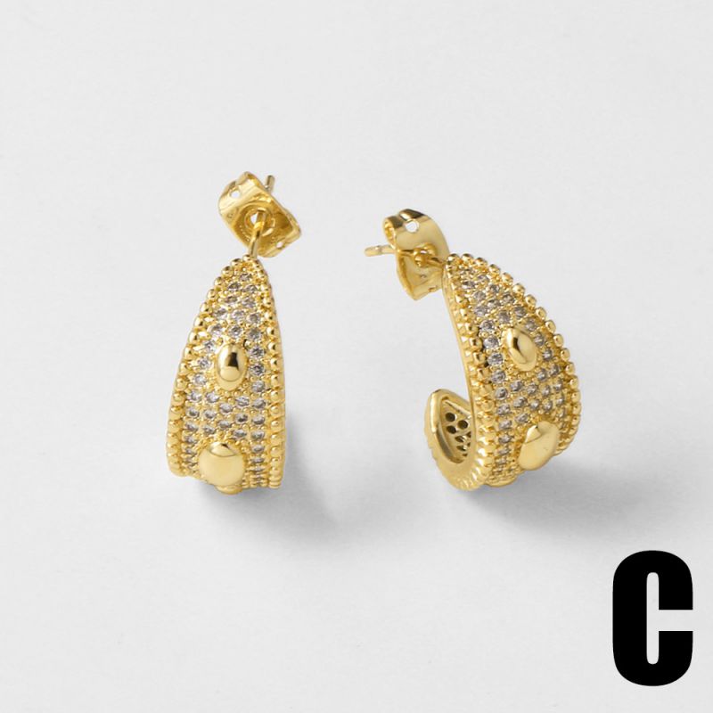 B Copper-gold-plated Diamond C-shaped Earrings