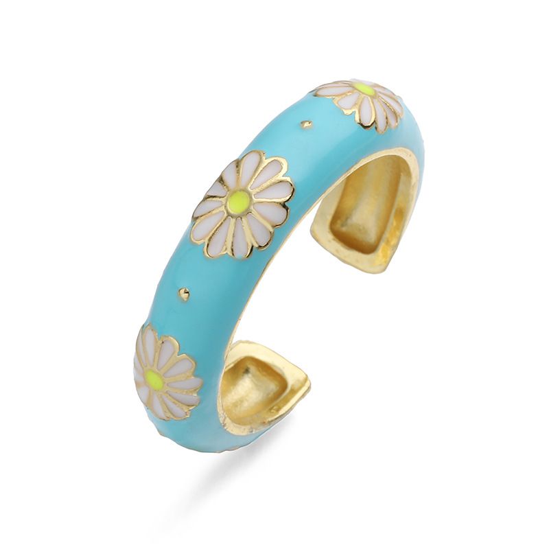 1 White Daisy Ring Copper Oil-drip Colorblock Petal Ring