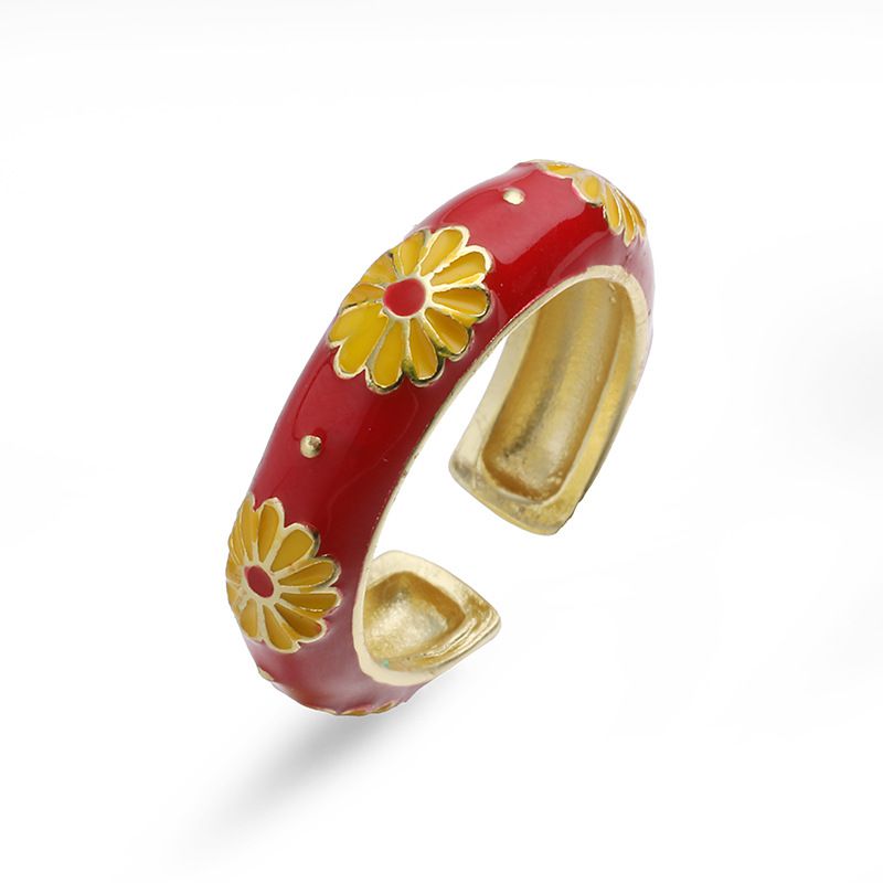 1 White Daisy Ring Copper Oil-drip Colorblock Petal Ring