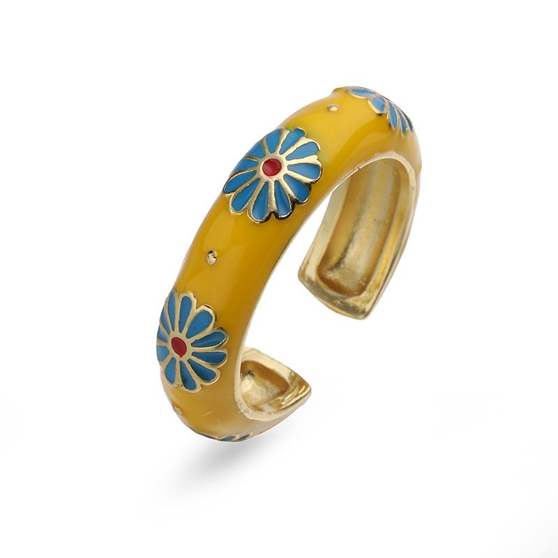 1 White Daisy Ring Copper Oil-drip Colorblock Petal Ring