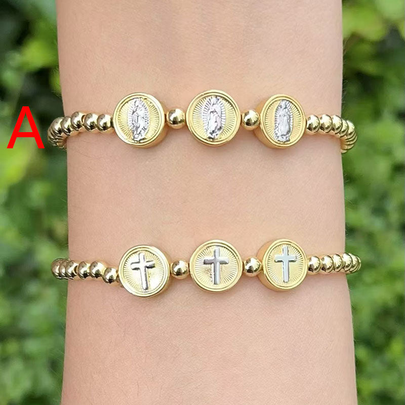 A Copper And Gold-plated Beaded Color-blocked Portrait Cross Bracelet